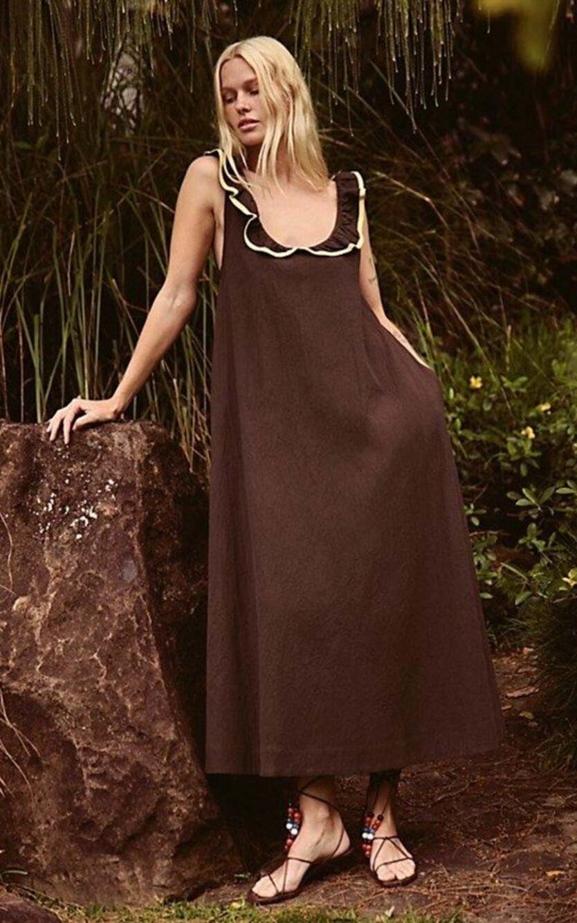 Free People Hanson Apron Midi Dress Brown Cotton Ruffle Oversized S/M